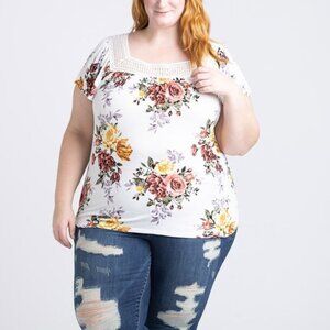 Warehouse  One NWT white floral flutter sleeve crochet boatneck t-shirt Medium